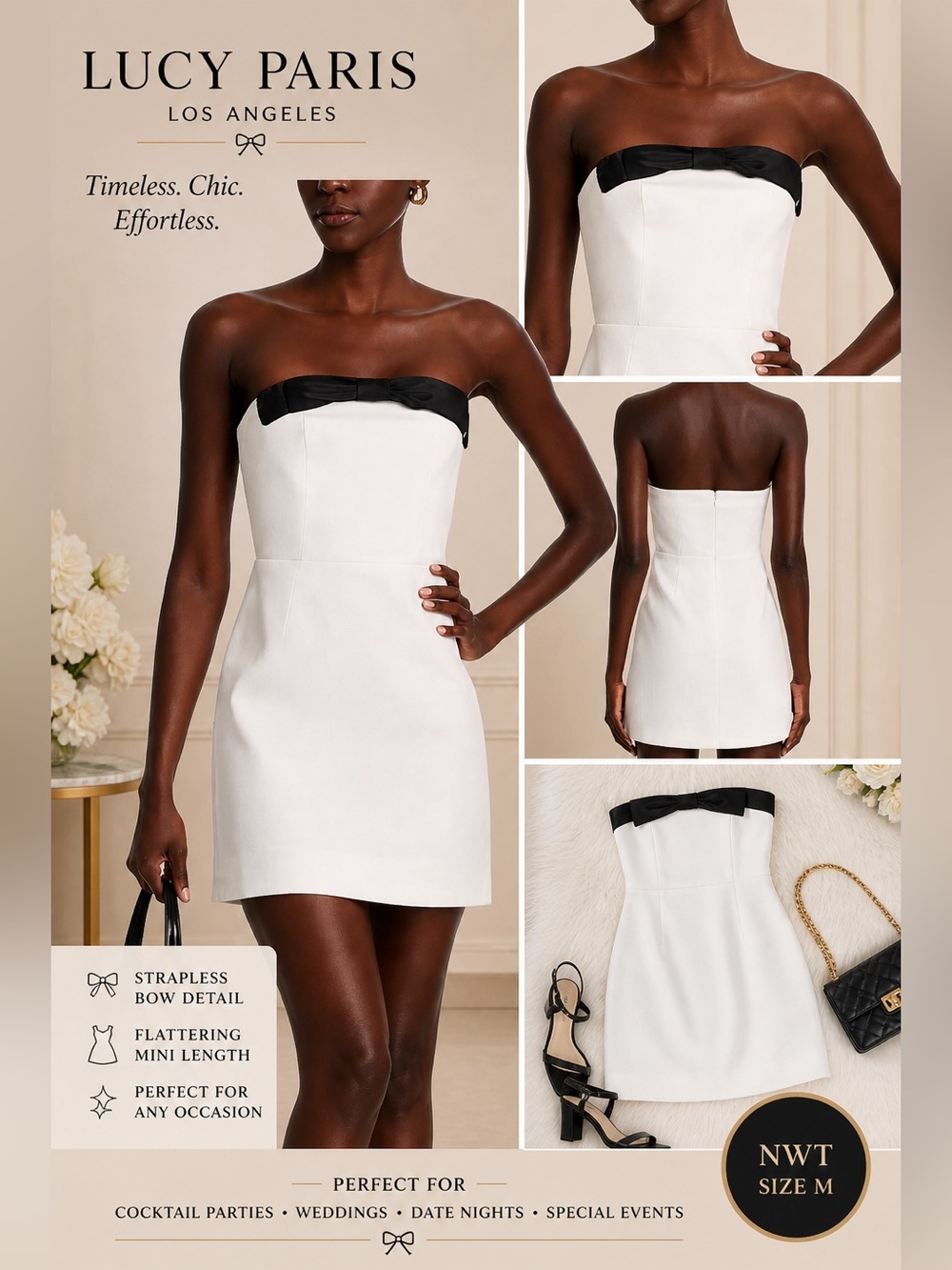 Lucy Paris White Strapless Mini Dress w/ Black Bow NWT Size M Bachelorette Party - Picture 2 of 12